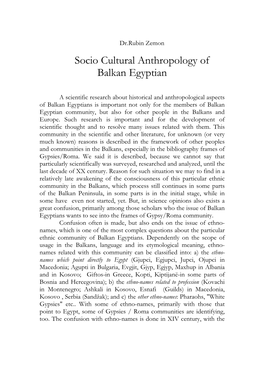 Socio Cultural Anthropology of Balkan Egyptian