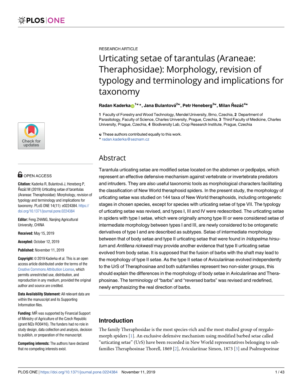 Urticating Setae of Tarantulas (Araneae: Theraphosidae): Morphology, Revision of Typology and Terminology and Implications for Taxonomy