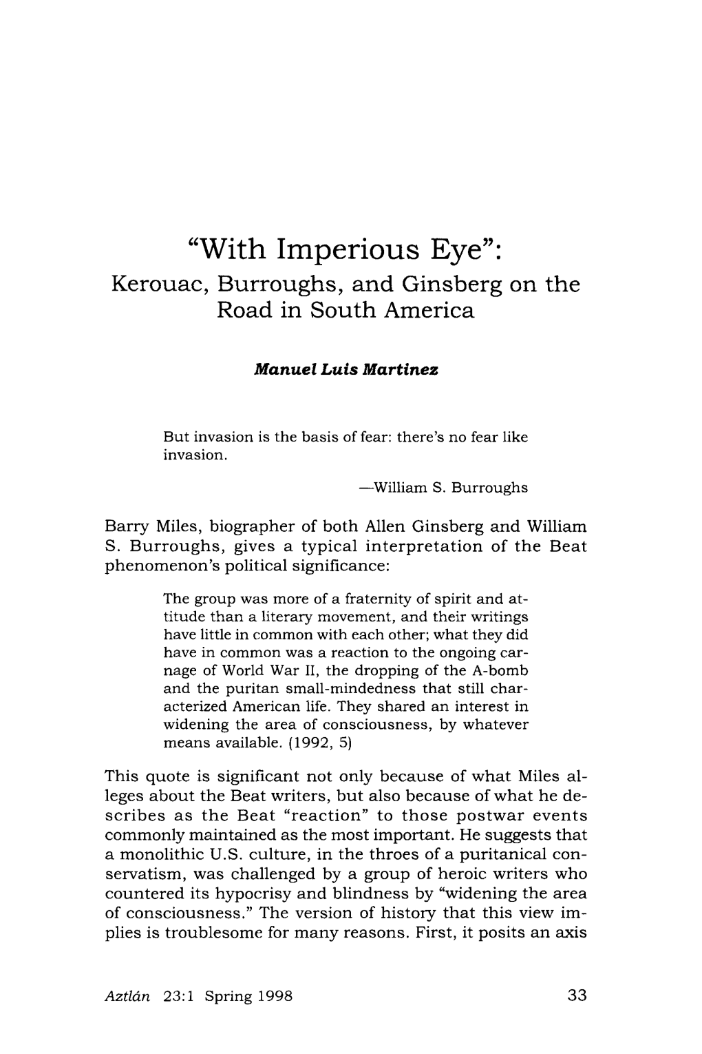 “With Imperious Eye”: Kerouac, Burroughs, and Ginsberg on the Road in South America