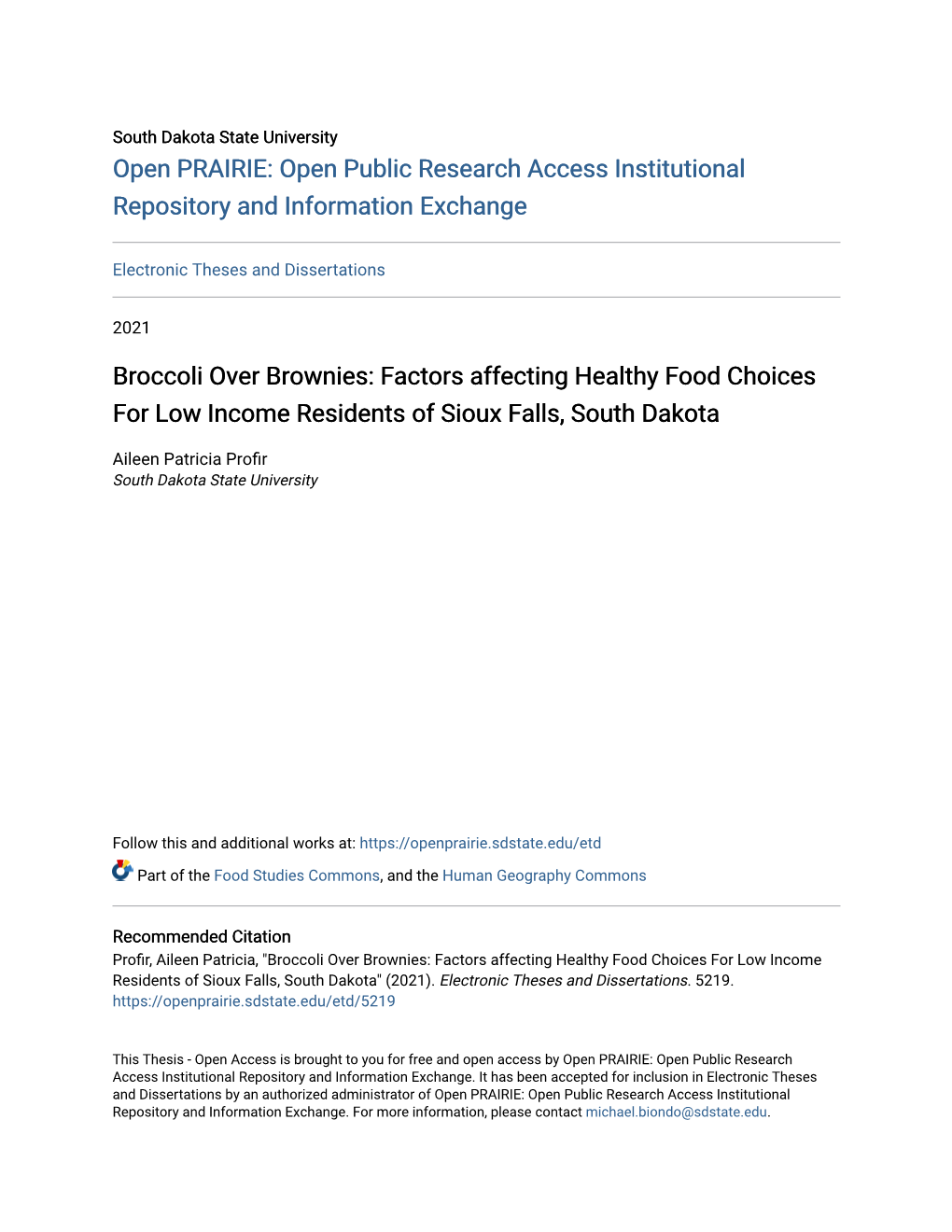 Factors Affecting Healthy Food Choices for Low Income Residents of Sioux Falls, South Dakota
