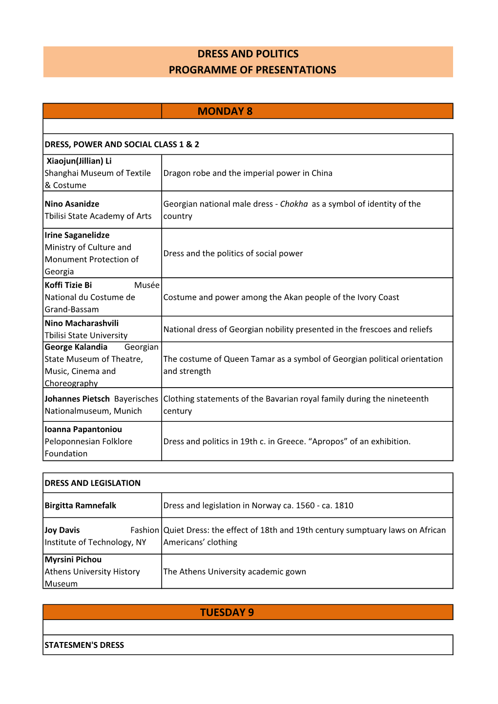 Dress and Politics Programme of Presentations Monday 8 Tuesday 9