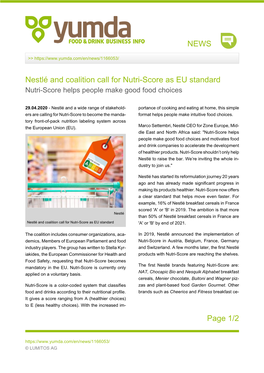 NEWS Page 1/2 Nestlé and Coalition Call for Nutri-Score As EU Standard