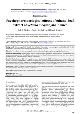 Psychopharmacological Effects of Ethanol Leaf Extract of Setaria Megaphylla in Mice