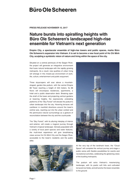 PRESS RELEASE NOVEMBER 15, 2017 Nature Bursts Into Spiralling Heights with Büro Ole Scheeren's Landscaped High-Rise Ensemble for Vietnam's Next Generation