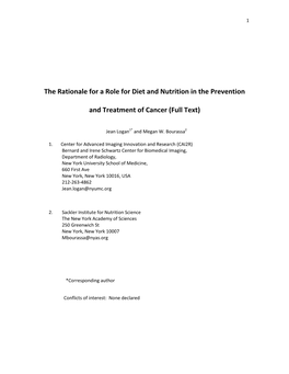 The Rationale for a Role for Diet and Nutrition in the Prevention And