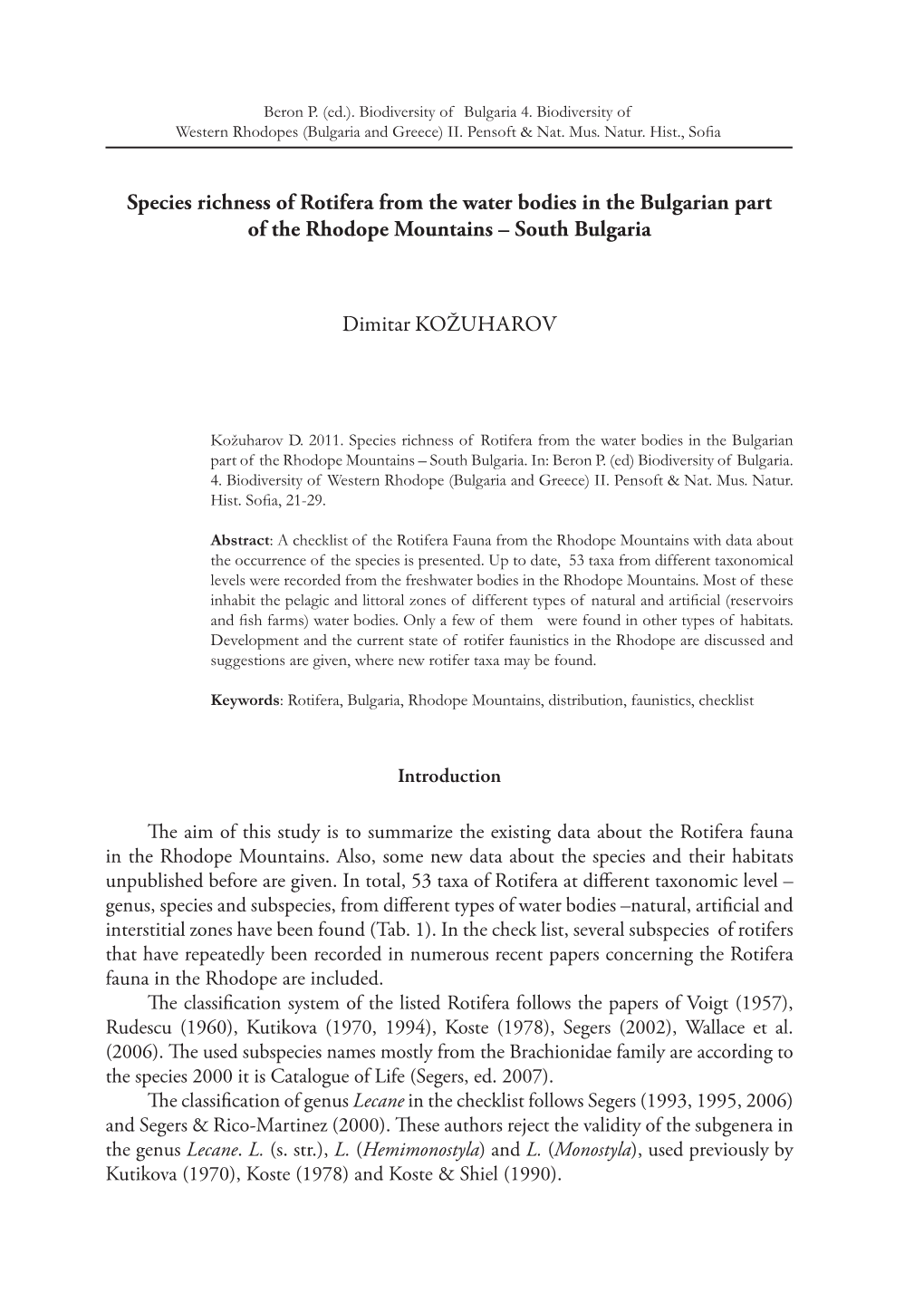 Species Richness of Rotifera from the Water Bodies in the Bulgarian Part of the Rhodope Mountains – South Bulgaria