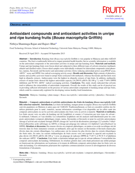 Antioxidant Compounds and Antioxidant Activities in Unripe and Ripe Kundang Fruits (Bouea Macrophylla Grifﬁth)