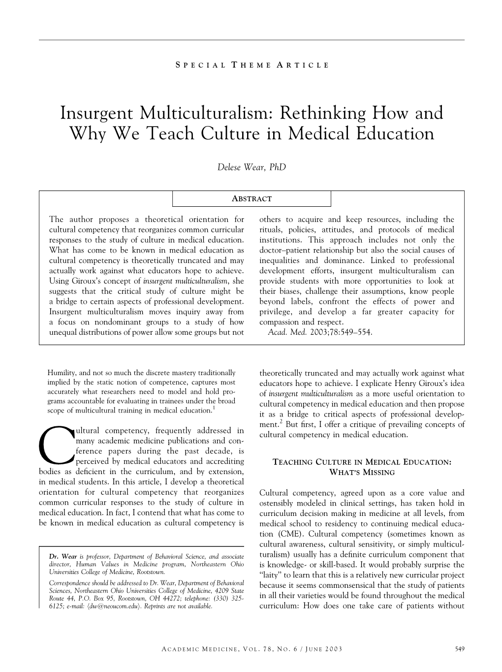 Insurgent Multiculturalism: Rethinking How and Why We Teach Culture in Medical Education