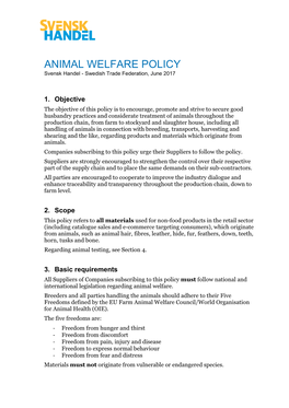 ANIMAL WELFARE POLICY Svensk Handel - Swedish Trade Federation, June 2017