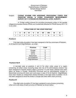 Coding Scheme for Assigning Processing Codes for Pakistan Social & Living Standards Measurement Survey 2011-12 Round-Vii (Provincial Level Survey)
