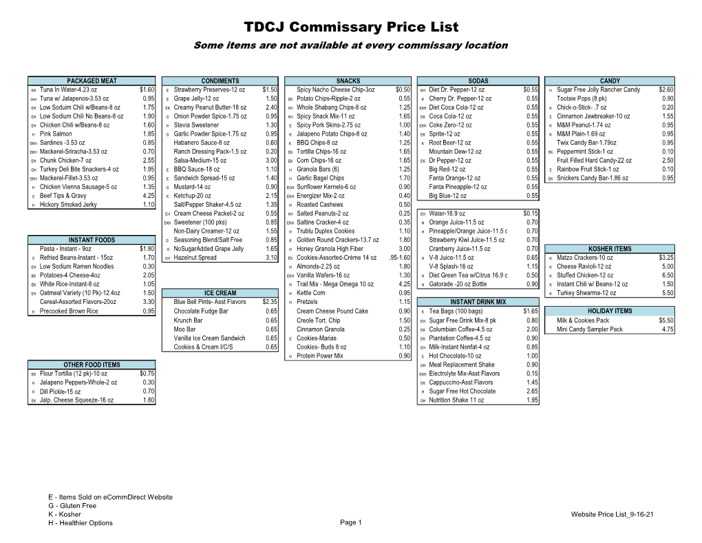 TDCJ Commissary Price List Some Items Are Not Available at Every ...