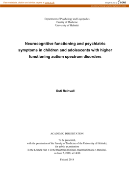 Neurocognitive Functioning and Psychiatric Symptoms in Children and Adolescents with Higher Functioning Autism Spectrum Disorders