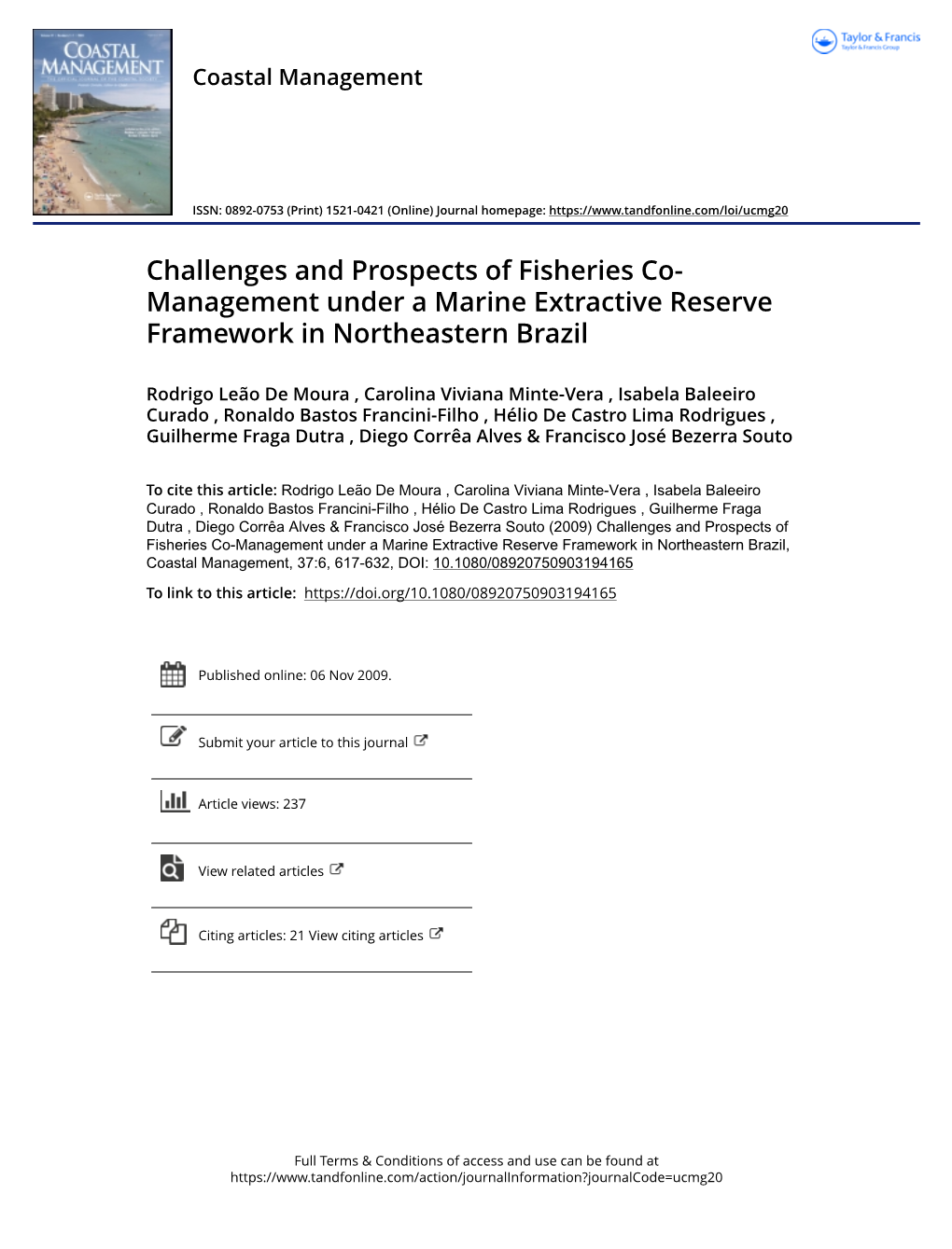 Challenges and Prospects of Fisheries Co- Management Under a Marine Extractive Reserve Framework in Northeastern Brazil