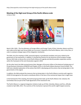 Meeting of the High Level Group of the Pacific Alliance Ends 13 March, 2020