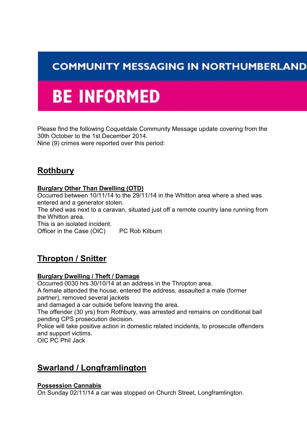 Rothbury Thropton / Snitter Swarland / Longframlington