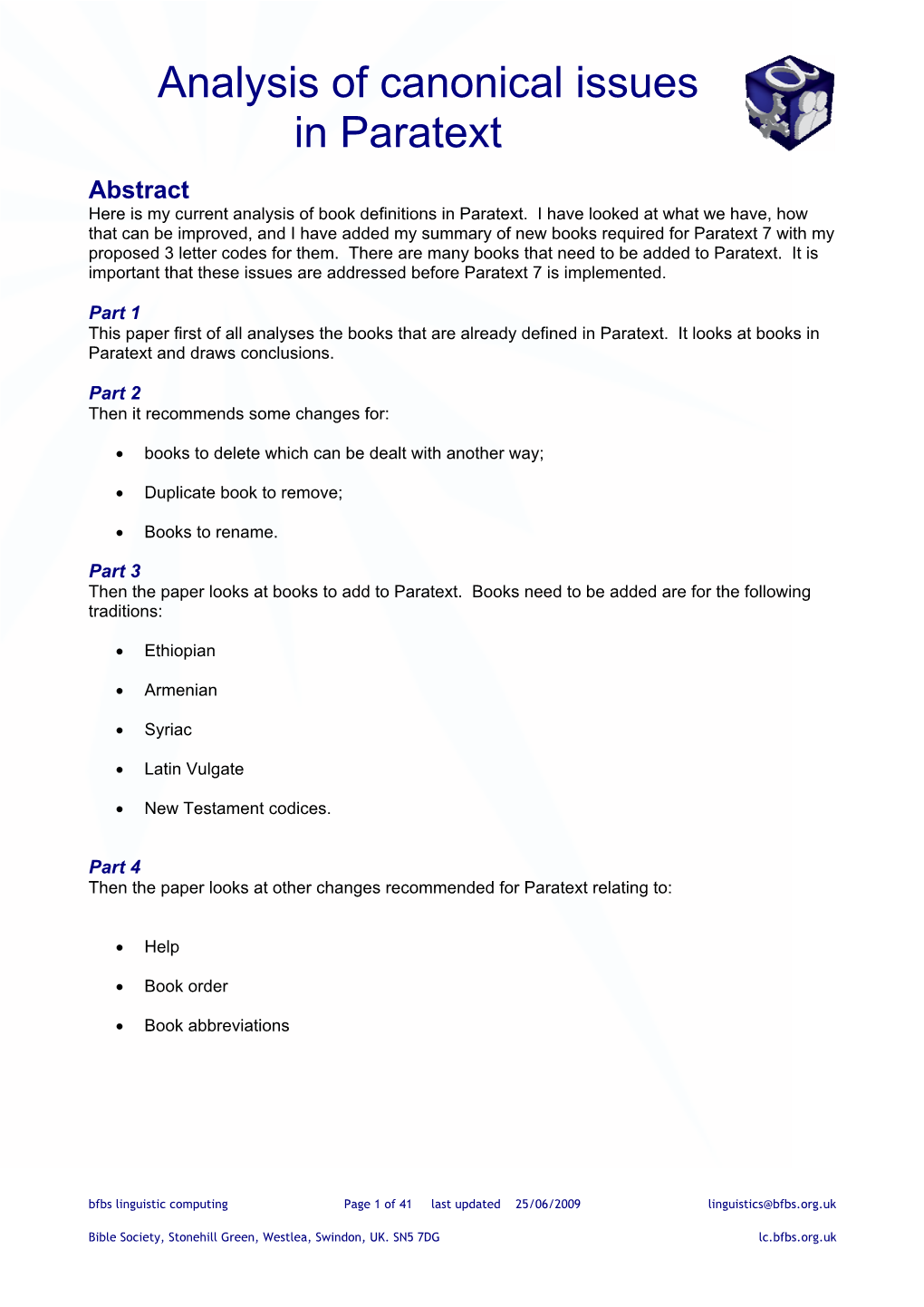 Analysis of Canonical Issues in Paratext