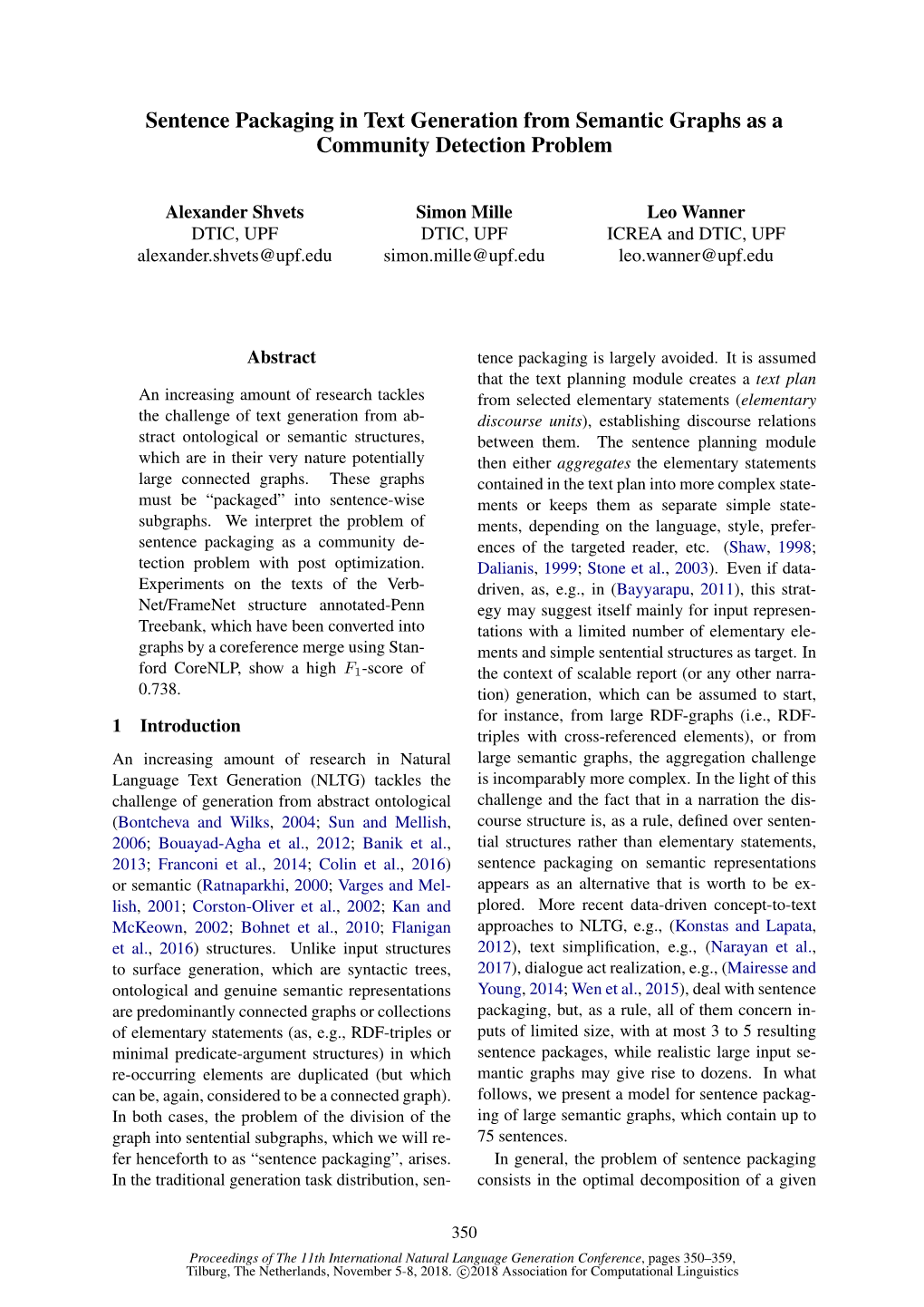 Sentence Packaging in Text Generation from Semantic Graphs As a Community Detection Problem