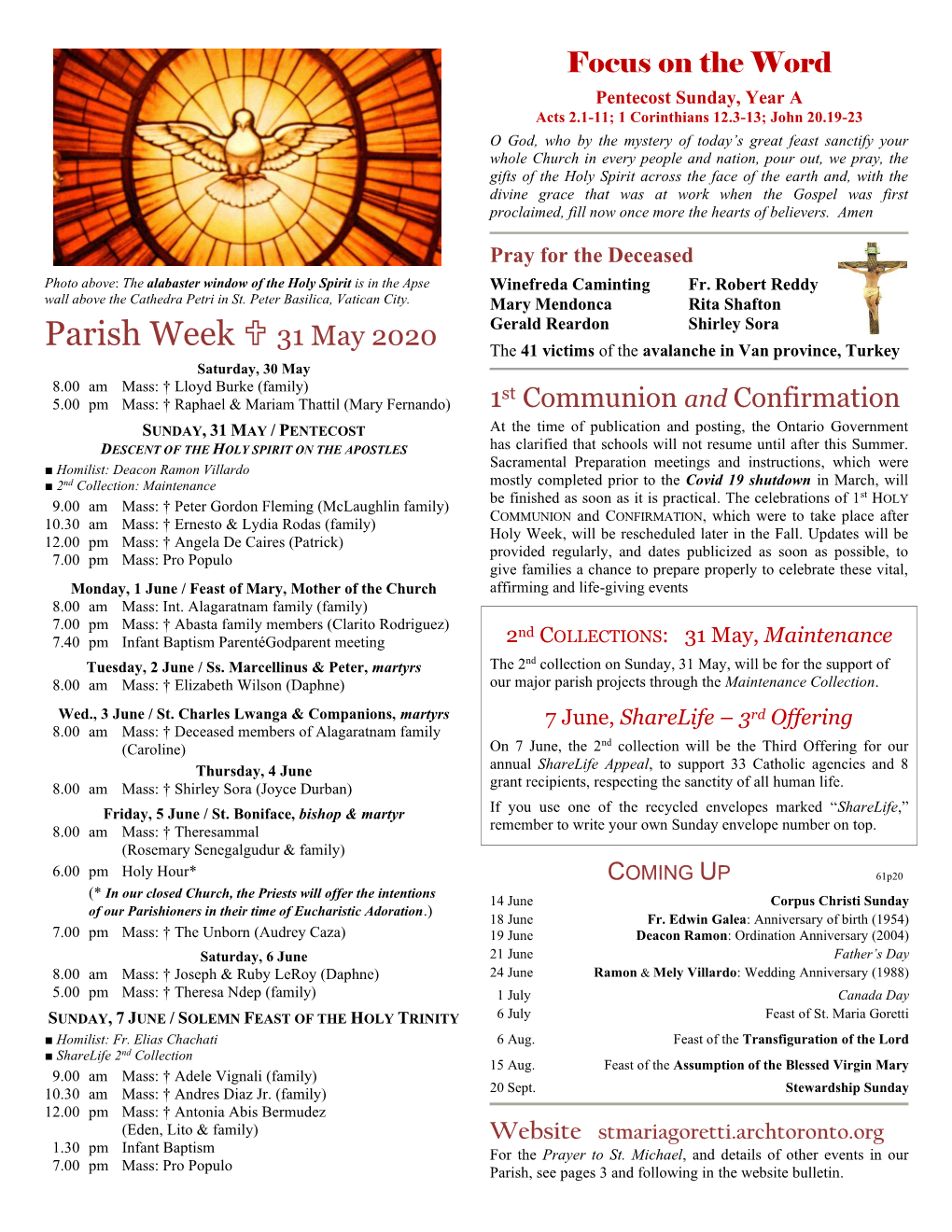 Parish Week  31 May 2020 the 41 Victims of the Avalanche in Van Province, Turkey Saturday, 30 May