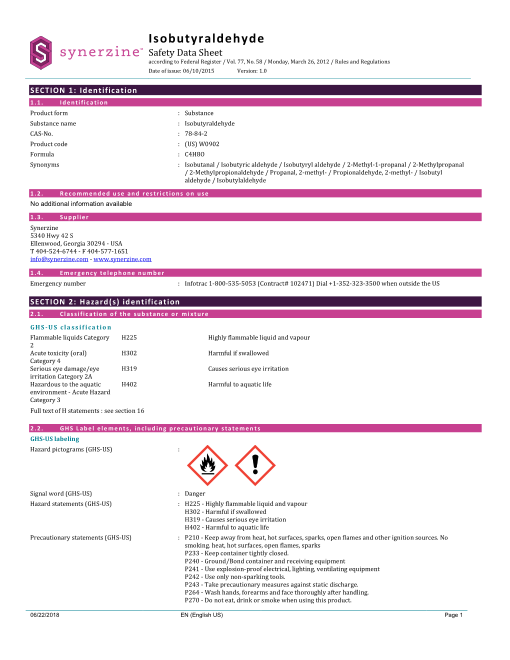 Isobutyraldehyde Safety Data Sheet According to Federal Register / Vol