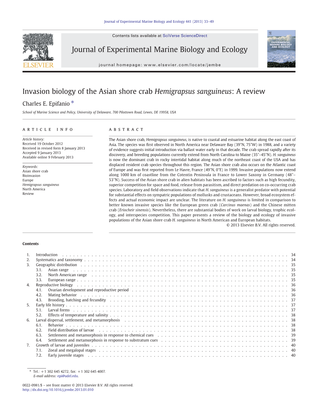 Invasion Biology of the Asian Shore Crab Hemigrapsus Sanguineus: a Review