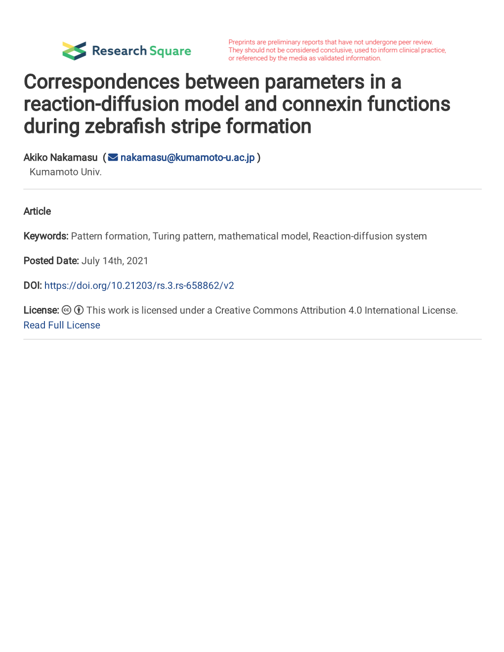 Correspondences Between Parameters in a Reaction-Diffusion Model and Connexin Functions During Zebra�Sh Stripe Formation