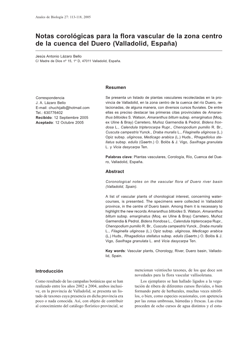 Notas Corológicas Para La Flora Vascular De La Zona Centro De La Cuenca Del Duero (Valladolid, España)