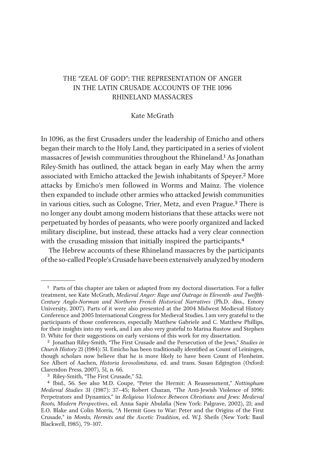 The Representation of Anger in the Latin Crusade Accounts of the 1096 Rhineland Massacres