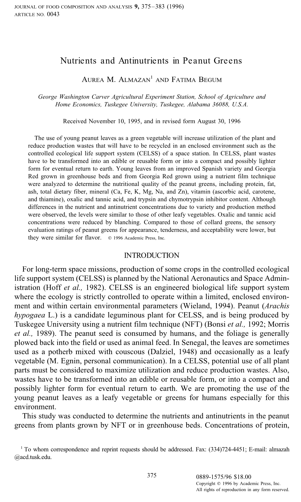 Nutrients and Antinutrients in Peanut Greens