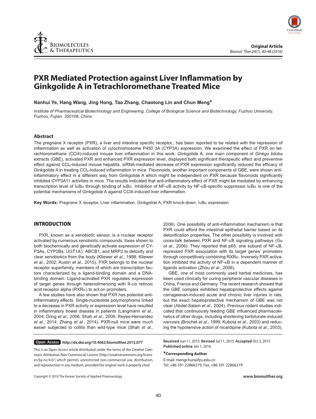 PXR Mediated Protection Against Liver Inflammation by Ginkgolide a in Tetrachloromethane Treated Mice