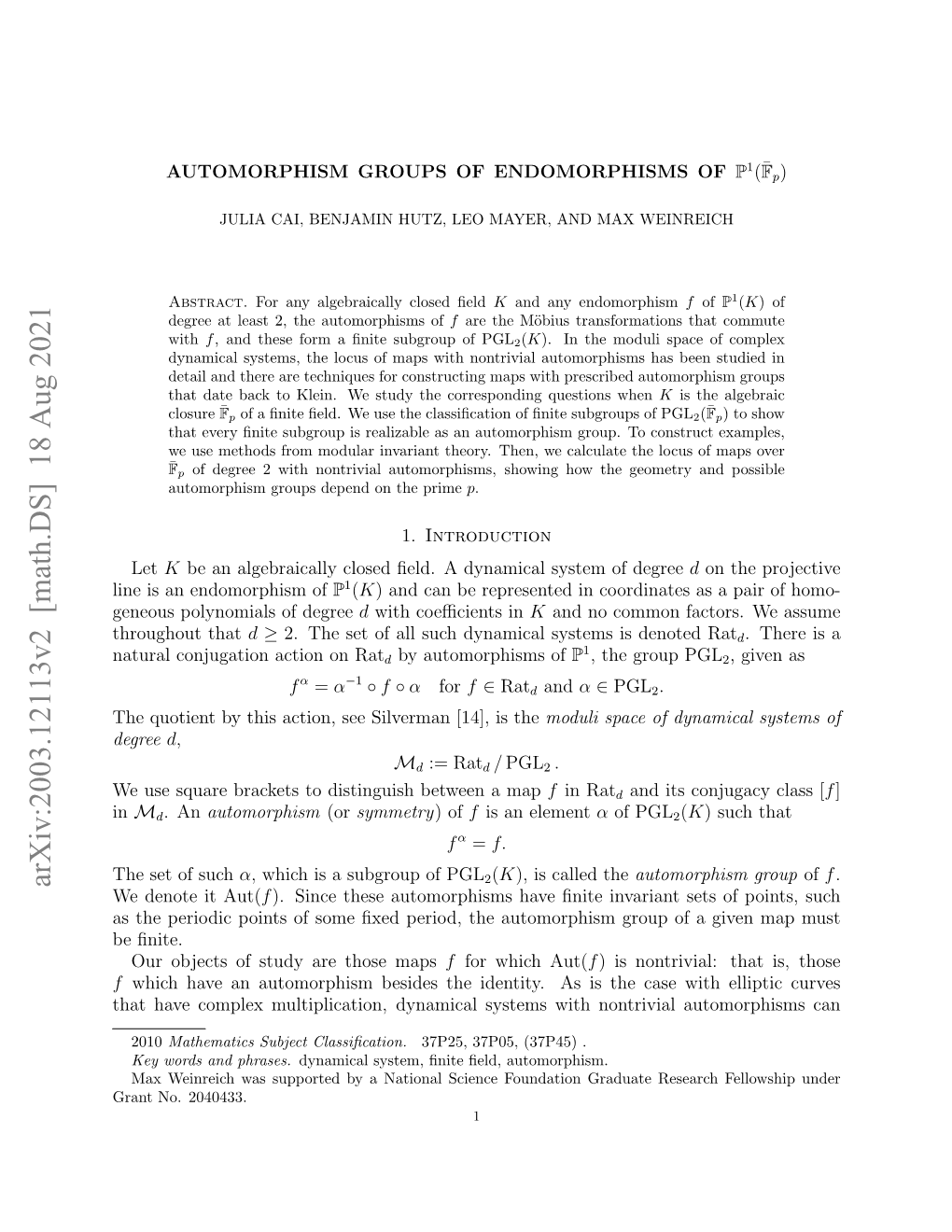 Arxiv:2003.12113V2 [Math.DS] 18 Aug 2021 We Denote It Aut(F)