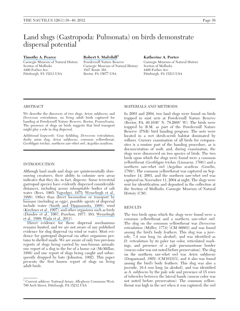 Land Slugs (Gastropoda: Pulmonata) on Birds Demonstrate Dispersal Potential