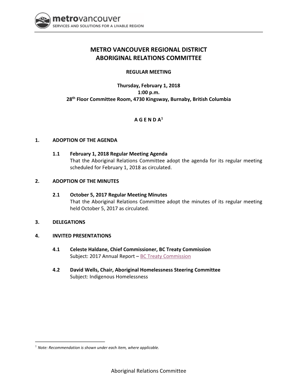 Aboriginal Relations Committee Agenda