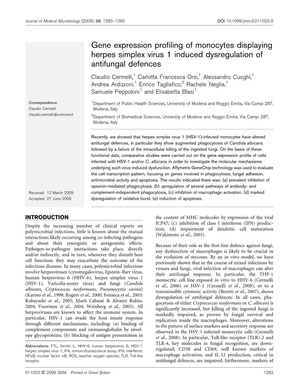 Gene Expression Profiling of Monocytes Displaying Herpes Simplex Virus 1 Induced Dysregulation of Antifungal Defences