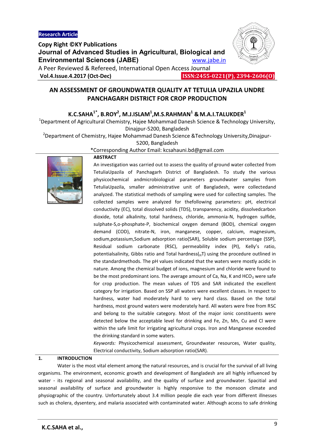 An Assessment of Groundwater Quality at Tetulia Upazila Undre Panchagarh District for Crop Production