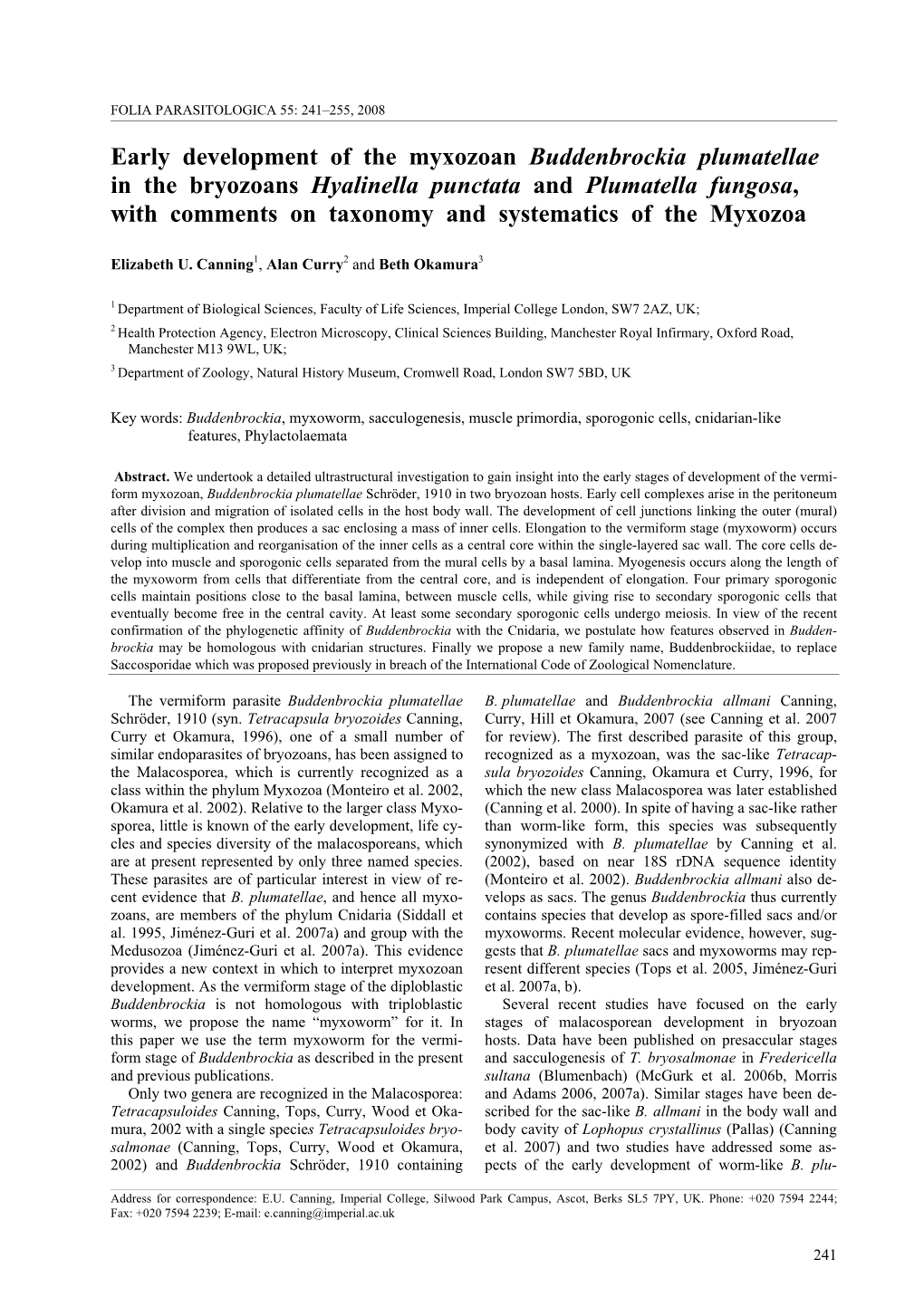 Early Development of the Myxozoan