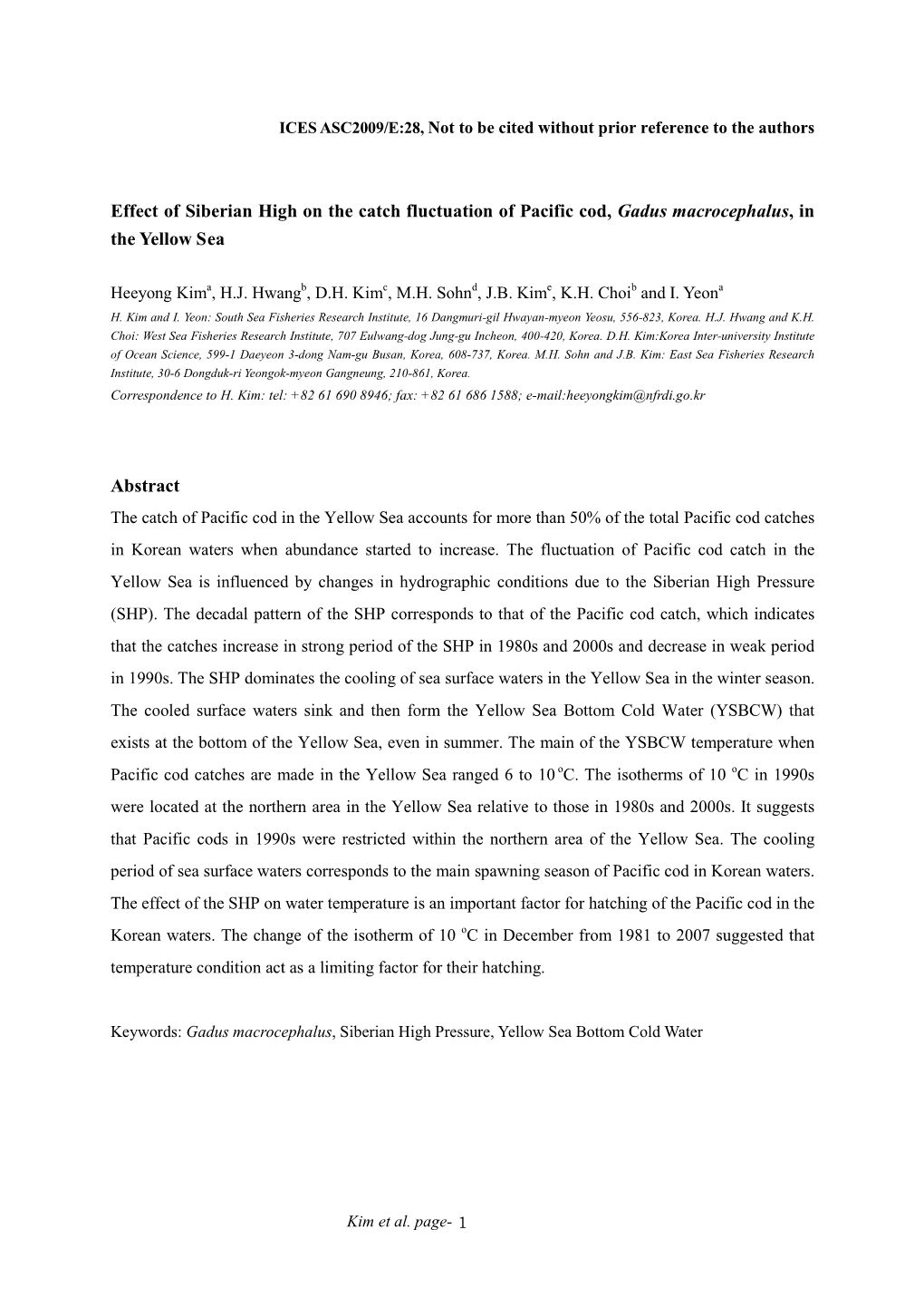 Effect of Siberian High on the Catch Fluctuation of Pacific Cod, Gadus Macrocephalus, in the Yellow Sea