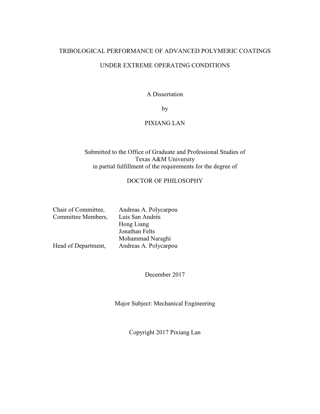 Tribological Performance of Advanced Polymeric Coatings