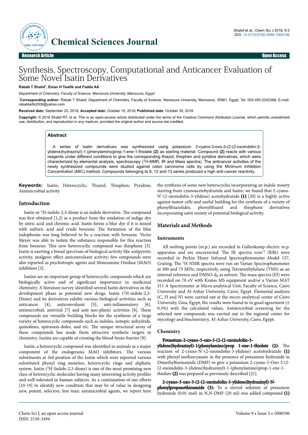 Synthesis, Spectroscopy, Computational and Anticancer