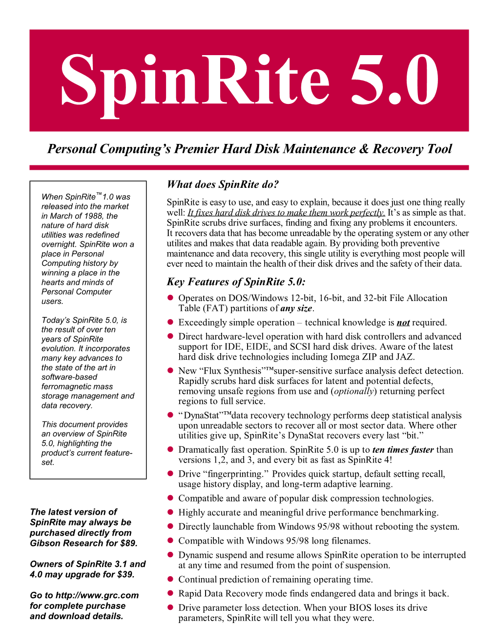 Spinrite 5.0 Literature