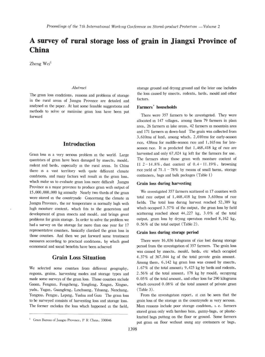 A Survey of Rural Storage Loss of Grain in Jiangxi Province of China