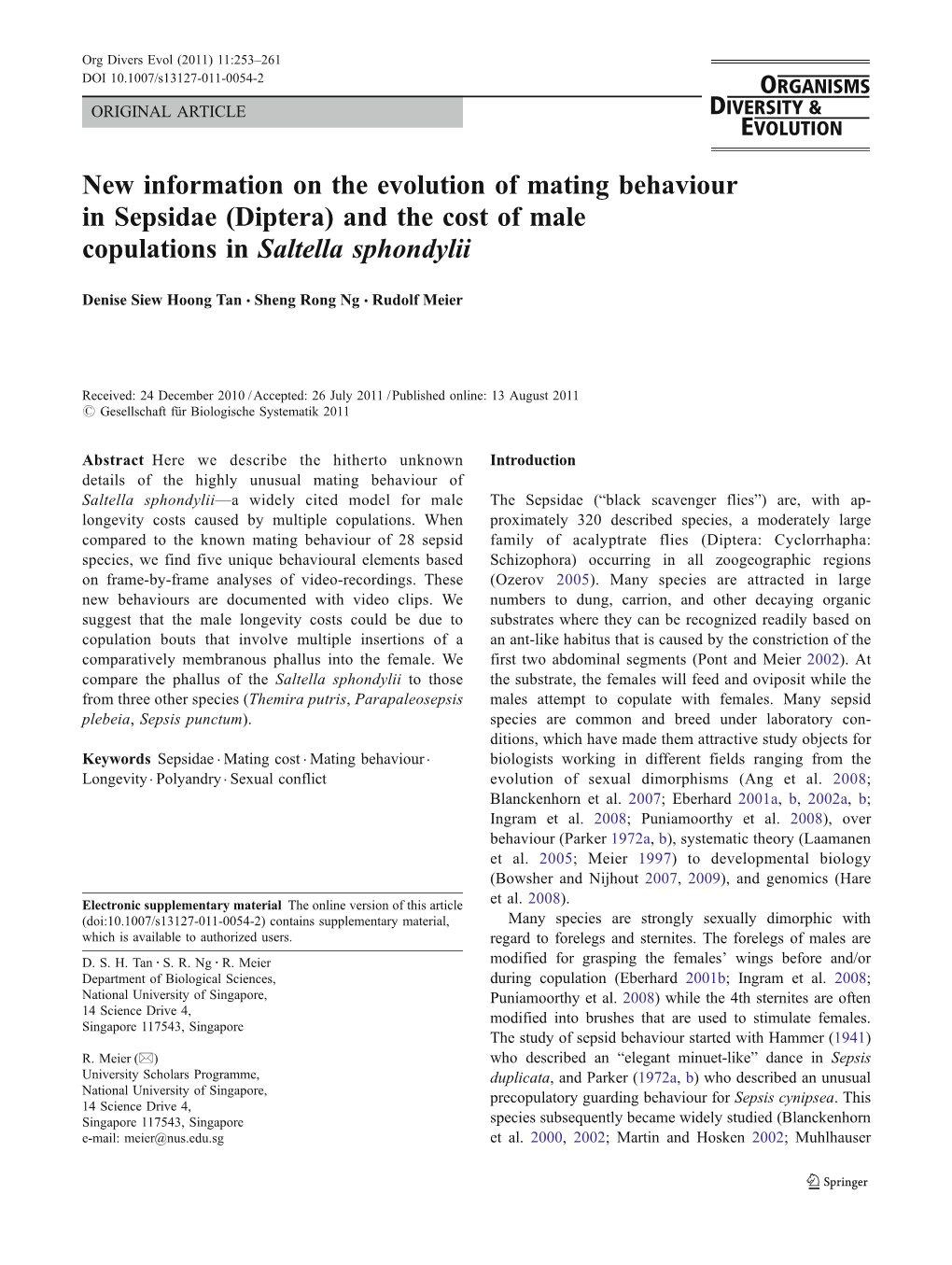 Diptera) and the Cost of Male Copulations in Saltella Sphondylii