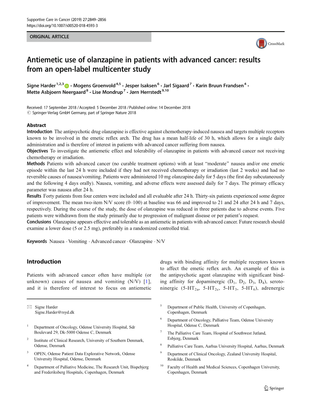 Antiemetic Use of Olanzapine in Patients with Advanced Cancer: Results from an Open-Label Multicenter Study