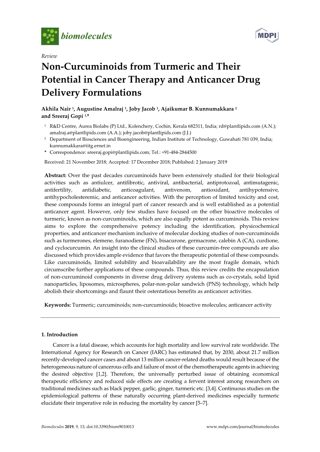Non-Curcuminoids from Turmeric and Their Potential in Cancer Therapy and Anticancer Drug Delivery Formulations