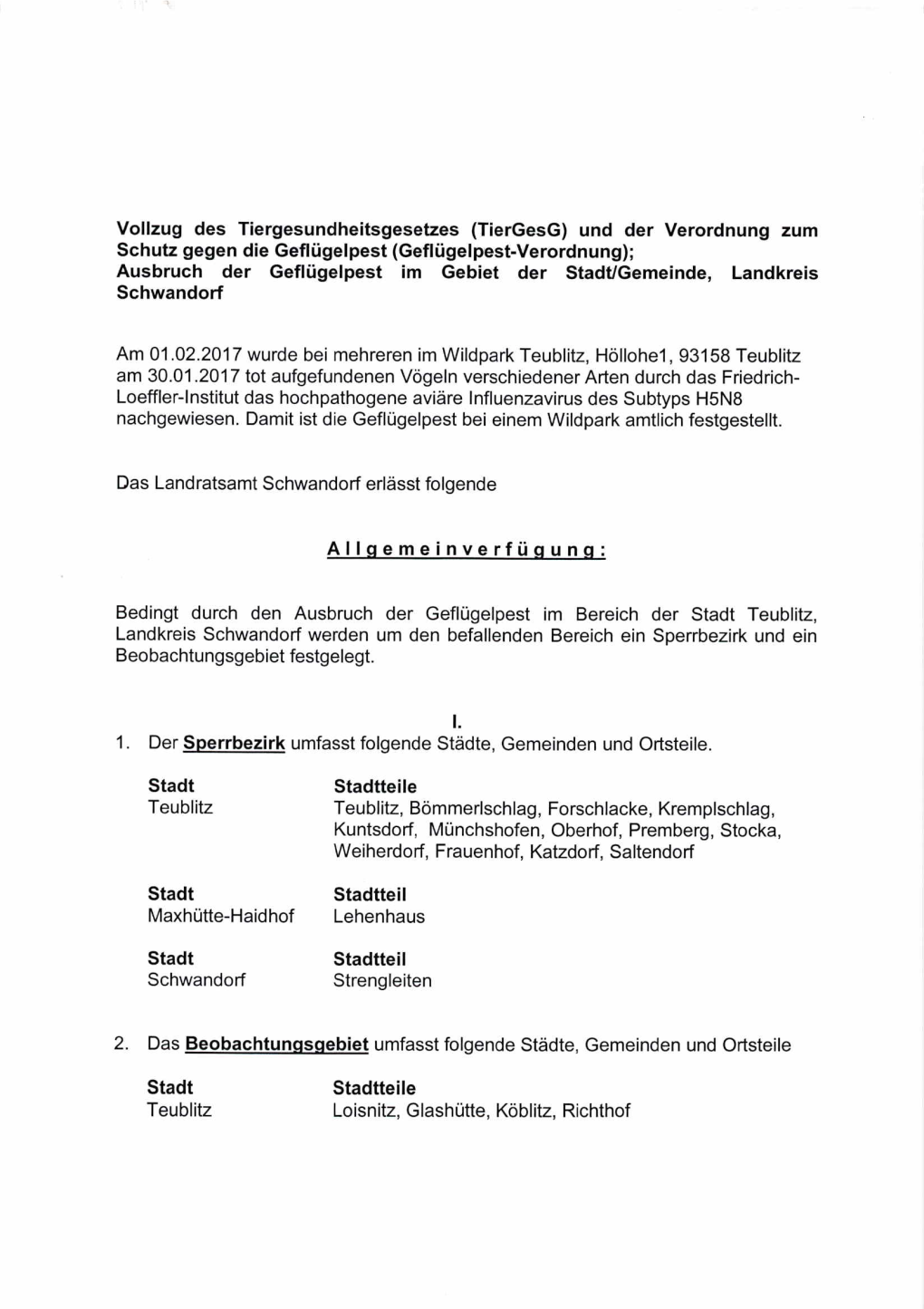 Geflügelpest-Verordnung); Ausbruch Der Geflügelpest Im Gebiet Der Stadt/Gemeinde, Landkreis Schwandorf