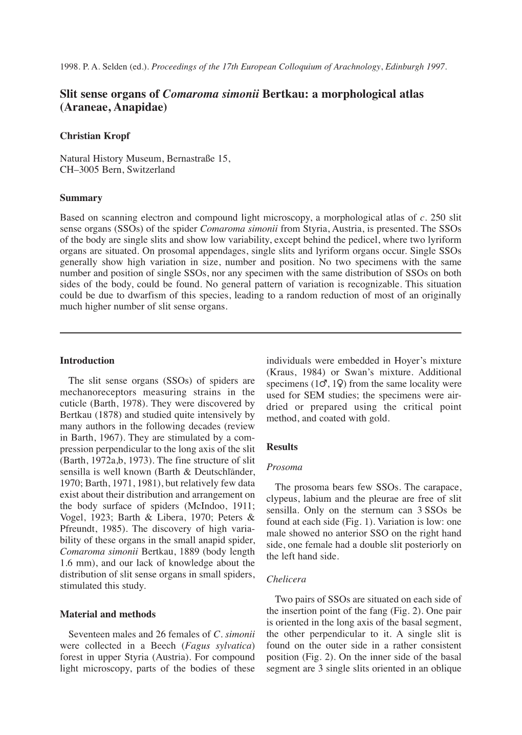 Slit Sense Organs of Comaroma Simonii Bertkau: a Morphological Atlas (Araneae, Anapidae)