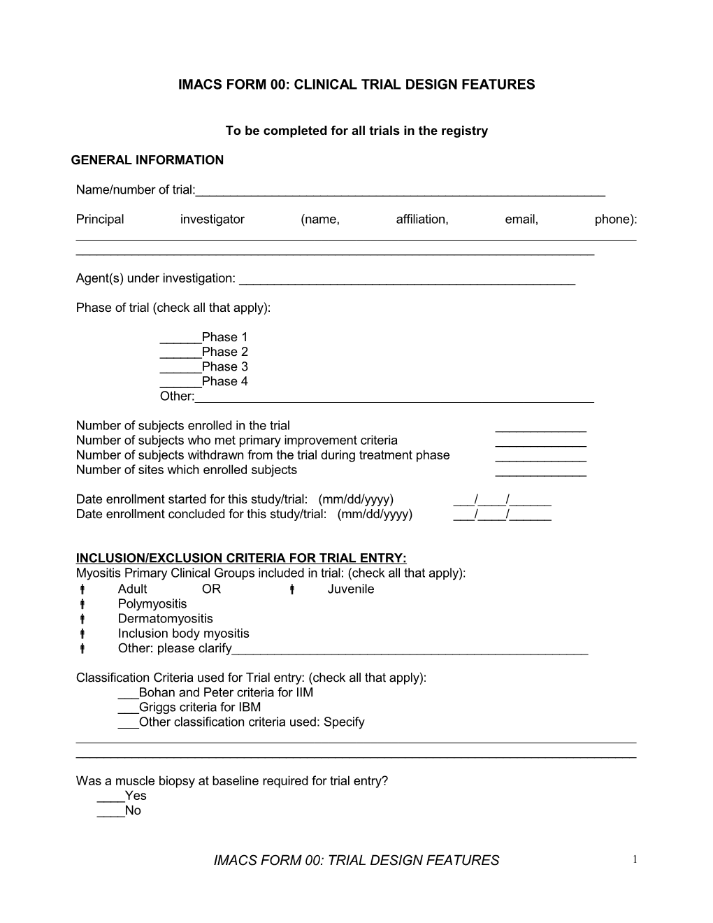 Imacs Form 00: Clinical Trial Design Features