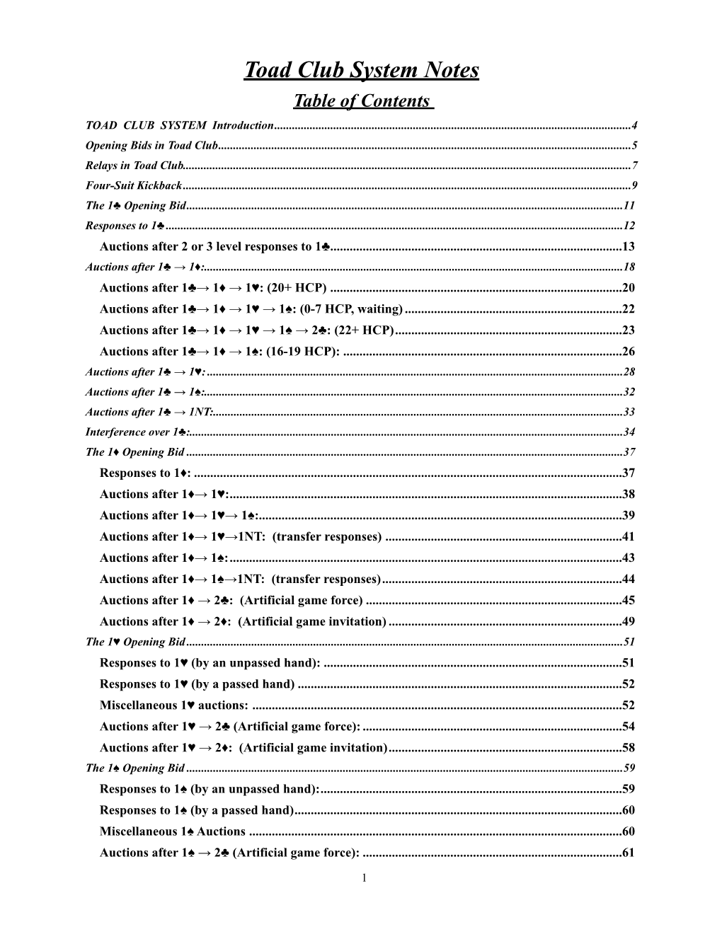 Toad Club System Notes Table of Contents TOAD CLUB SYSTEM Introduction