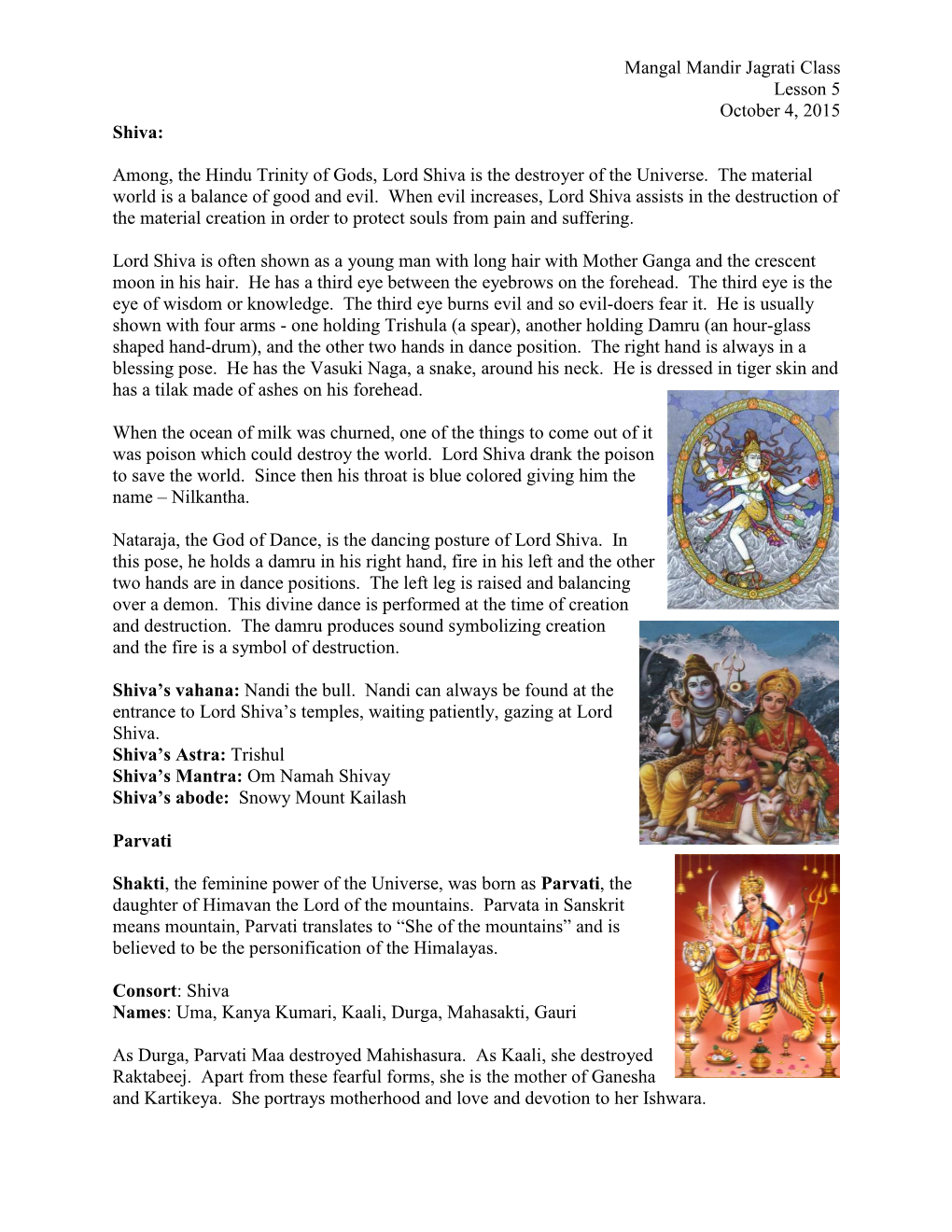 Lesson 5 – Shiva and Parvati