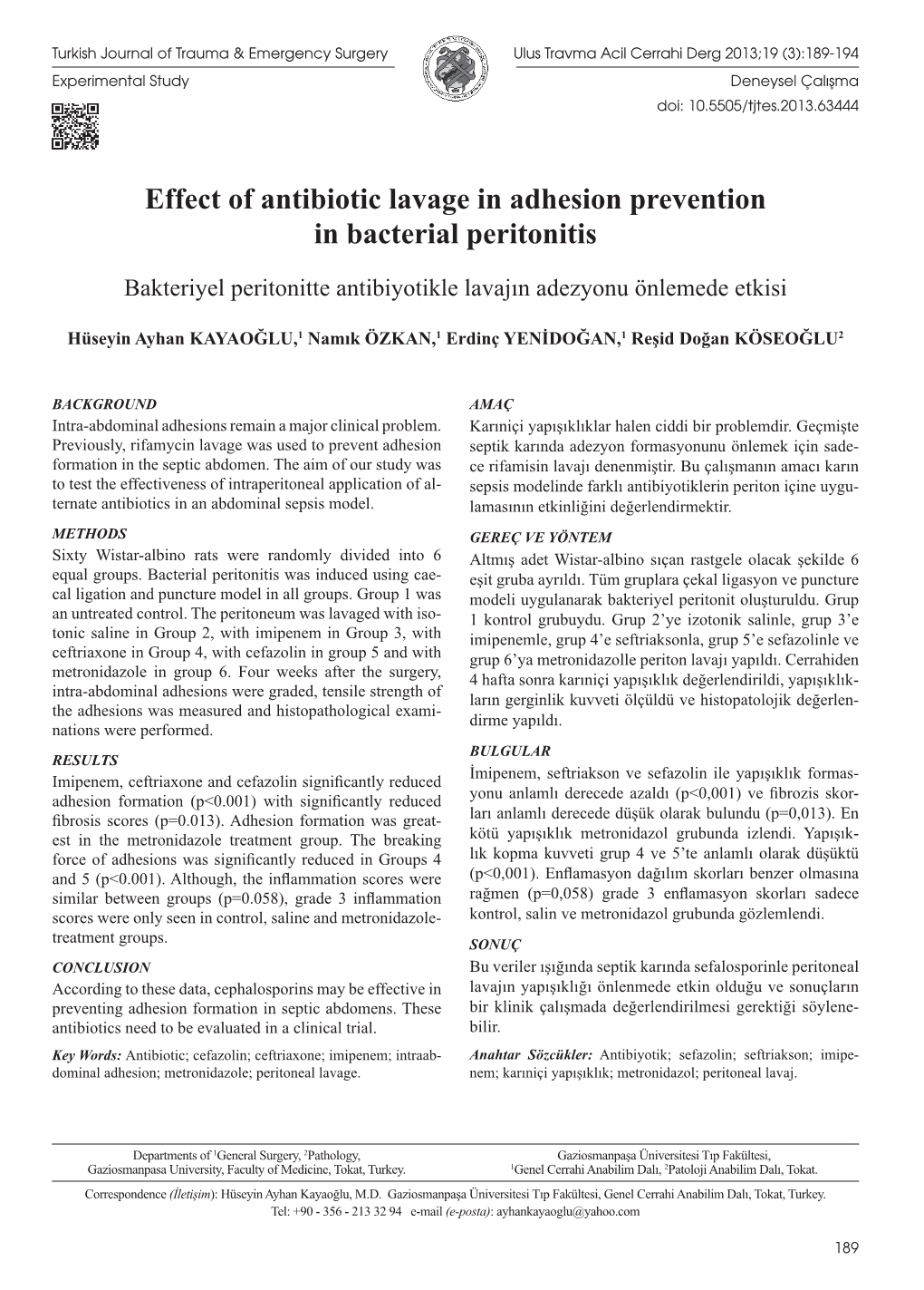 Effect of Antibiotic Lavage in Adhesion Prevention in Bacterial Peritonitis