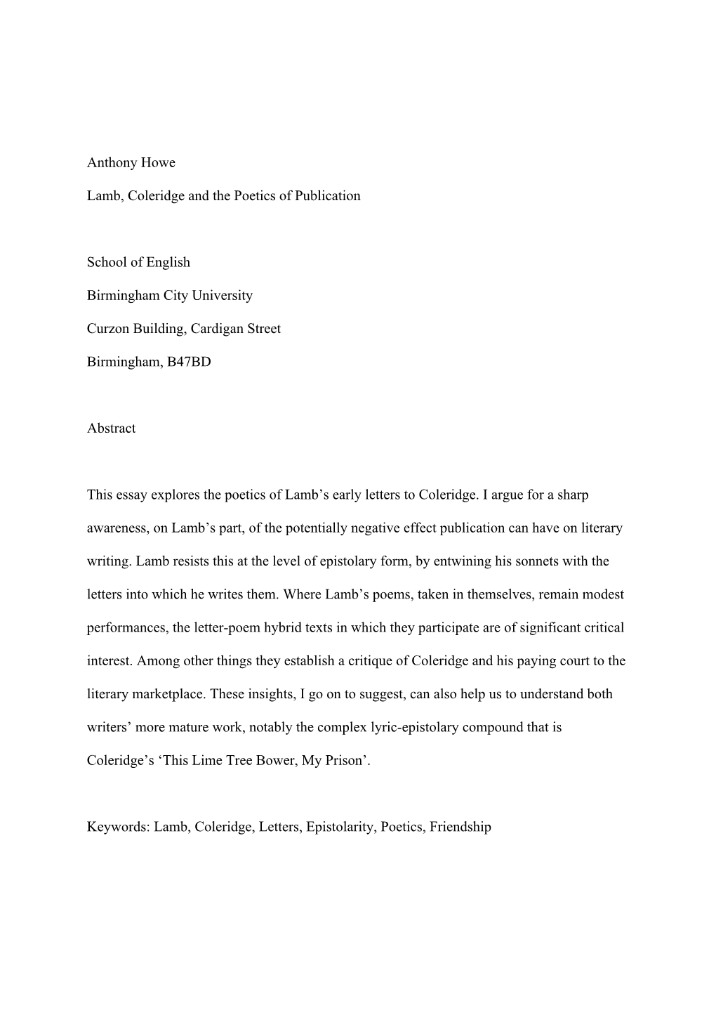 Anthony Howe Lamb, Coleridge and the Poetics of Publication School Of